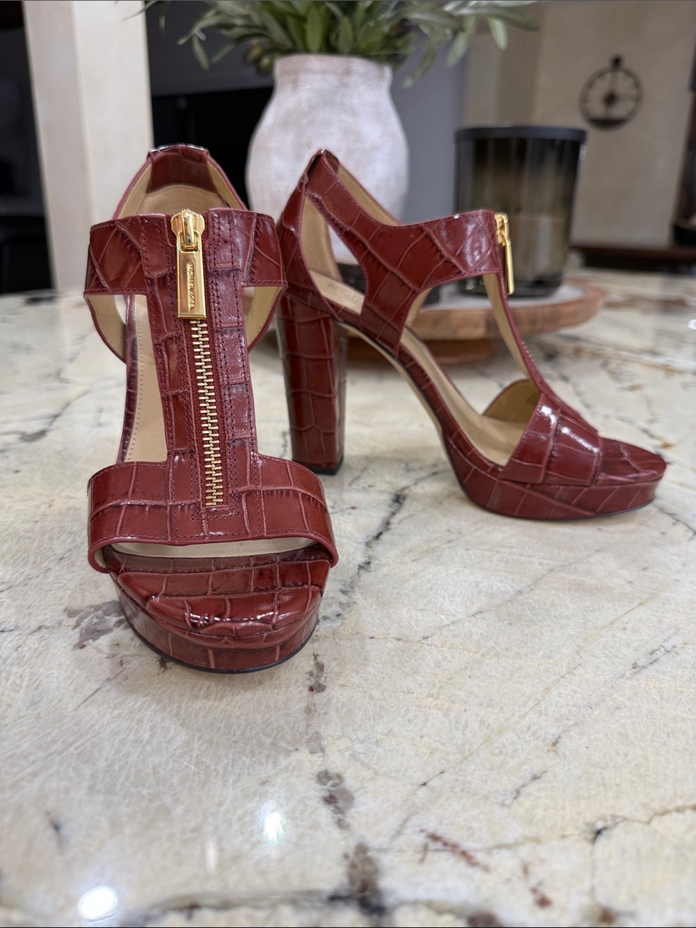 Women's Croc-Embossed Red Platform Sandals with Gold Zip